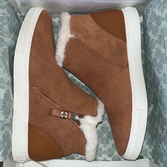 ♠️ kate spade Harper Winter Sneakers Suede Cow Leather Faux Fur Collar - Picture 6 of 13